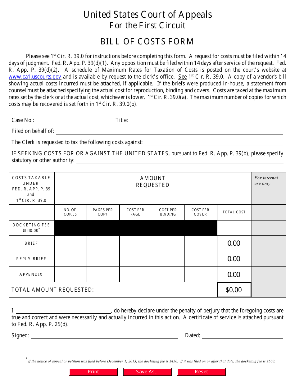 Bill of Costs Form, Page 1