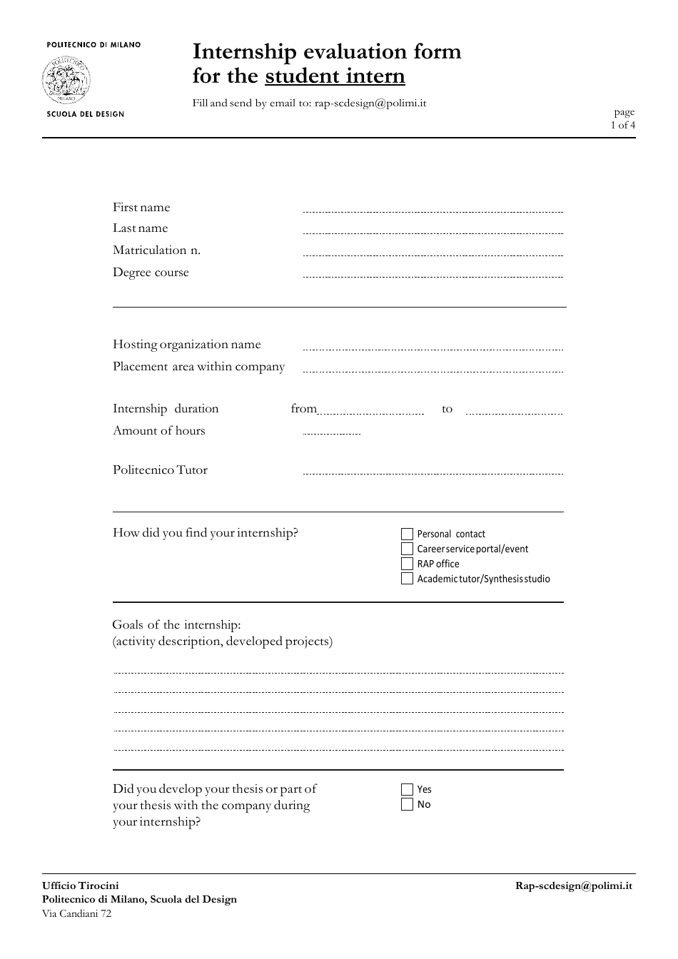 Internship Evaluation Form for the Student Intern - Scuola Del Design, Page 1