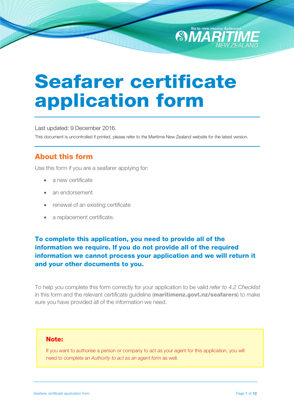 Seafarer Certificate Application Form - New Zealand, Page 1