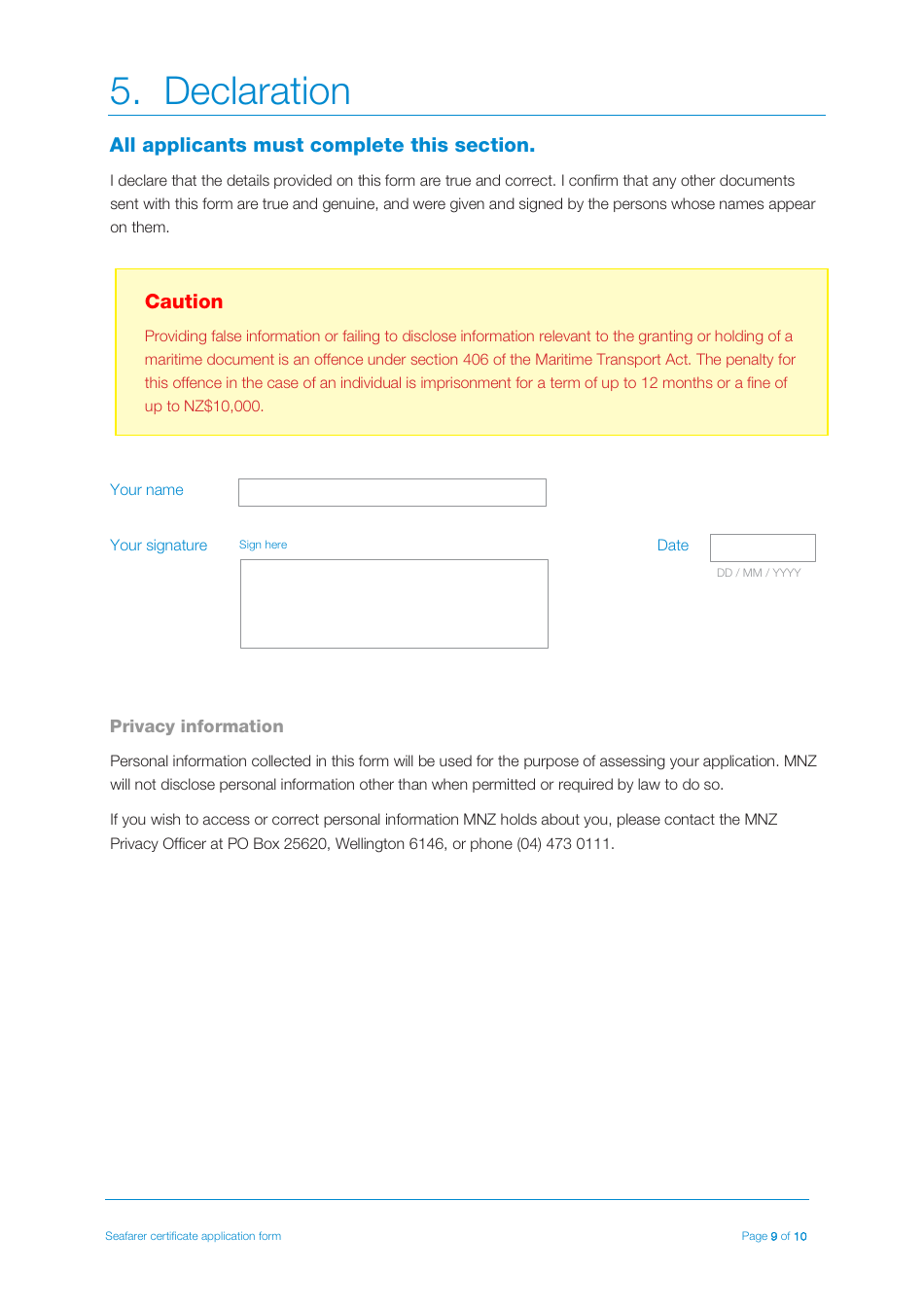 Seafarer Certificate Application Form - New Zealand, Page 9