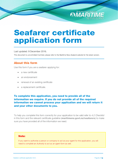 Seafarer Certificate Application Form - New Zealand