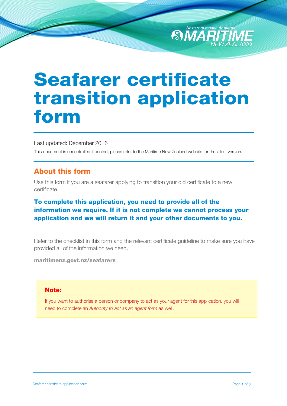 Seafarer Certificate Transition Application Form - New Zealand, Page 1