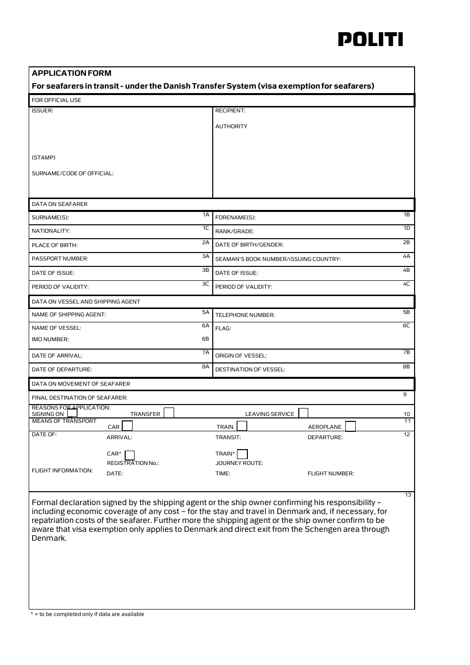 Application Form - for Seafarers in Transit - Under the Danish Transfer System (Visa Exemption for Seafarers) - Denmark, Page 1