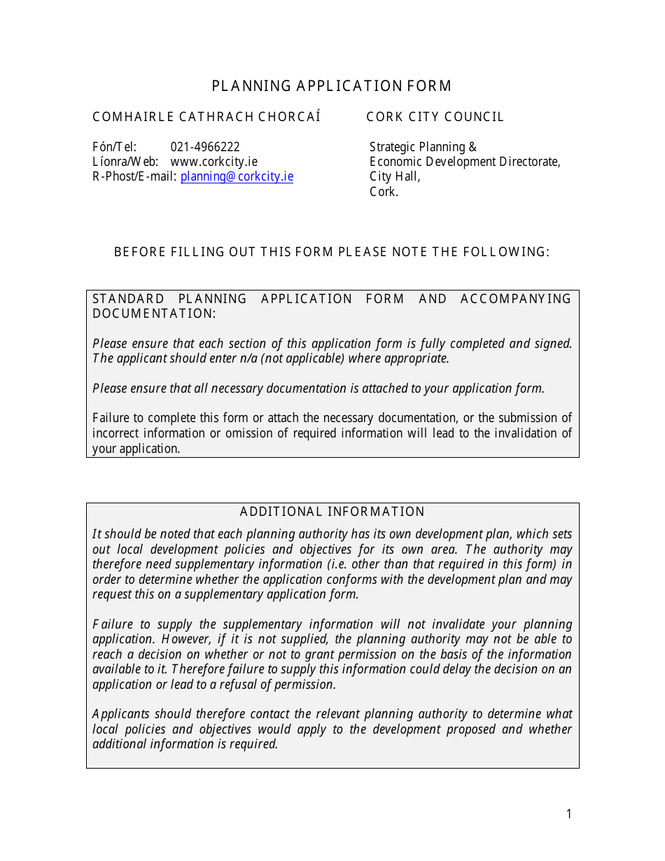 Planning Application Form - Cork City, County Cork, Ireland, Page 1