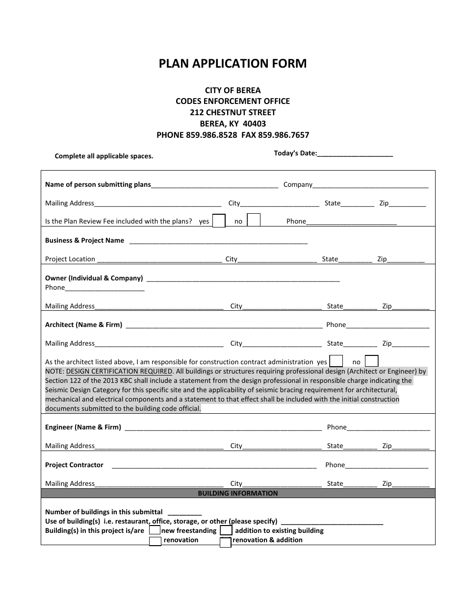 Plan Application Form - City of Berea, Kentucky, Page 1