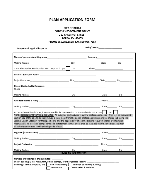 Plan Application Form - City of Berea, Kentucky