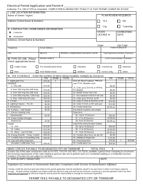 Electrical Permit Application and Permit - Coloma Township, Michigan Download Pdf