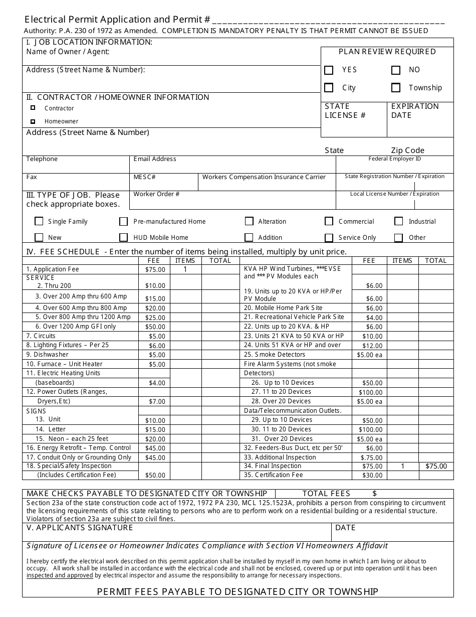 Electrical Permit Application and Permit - Coloma Township, Michigan, Page 1