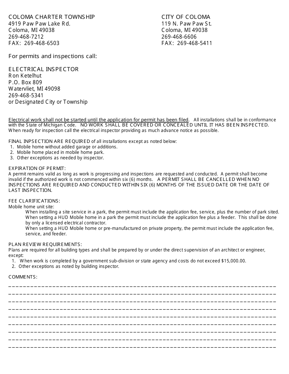 Electrical Permit Application and Permit - Coloma Township, Michigan, Page 2