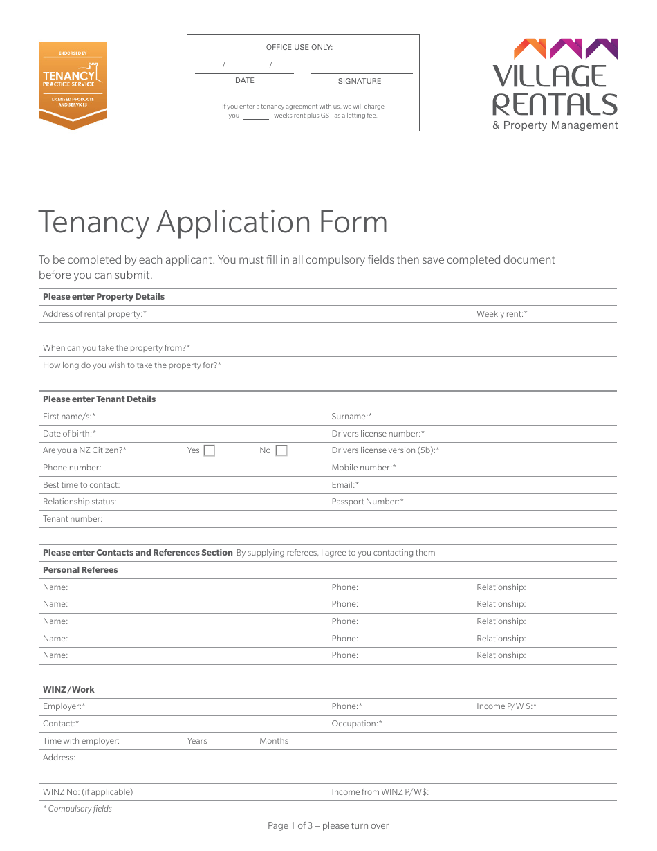 Tenancy Application Form - Village Rentals  Property Management, Page 1