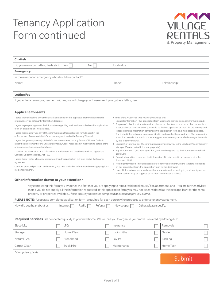 Tenancy Application Form - Village Rentals  Property Management, Page 3