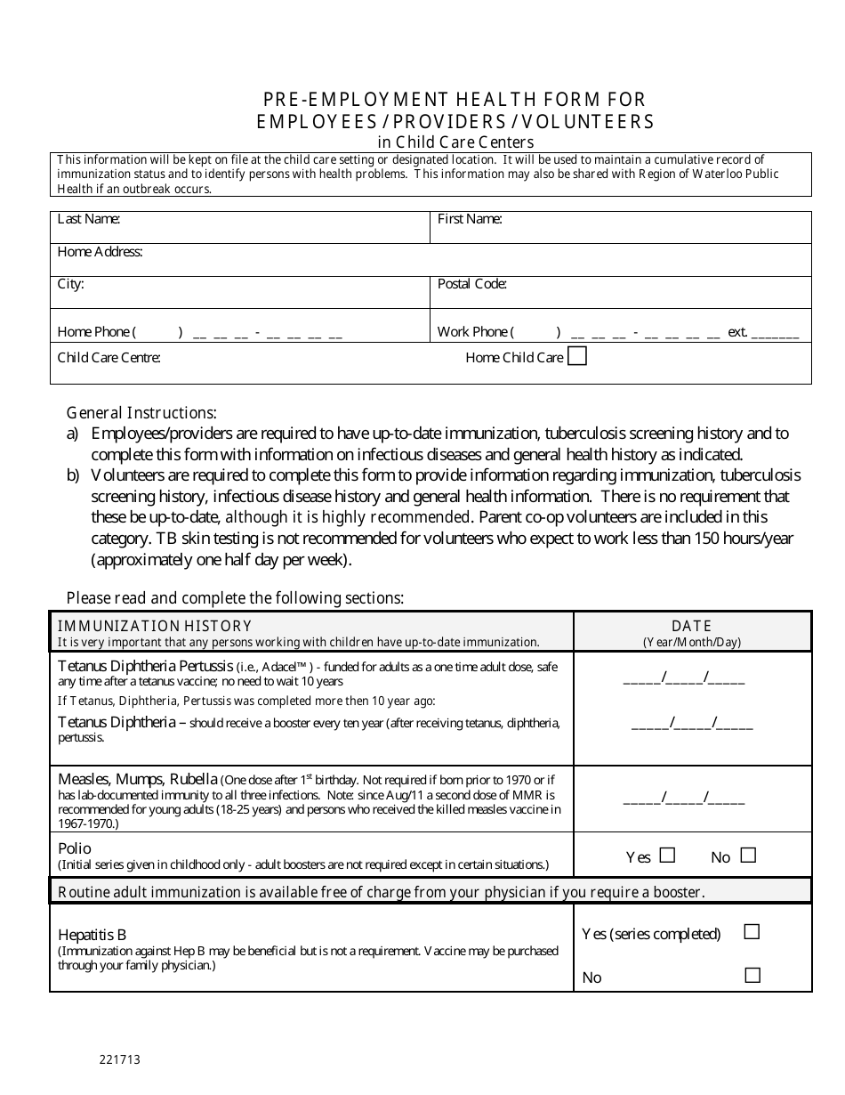 Pre-employment Health Form for Employees / Providers / Volunteers in Child Care Centers - Region of Waterloo, Ontario, Canada, Page 1