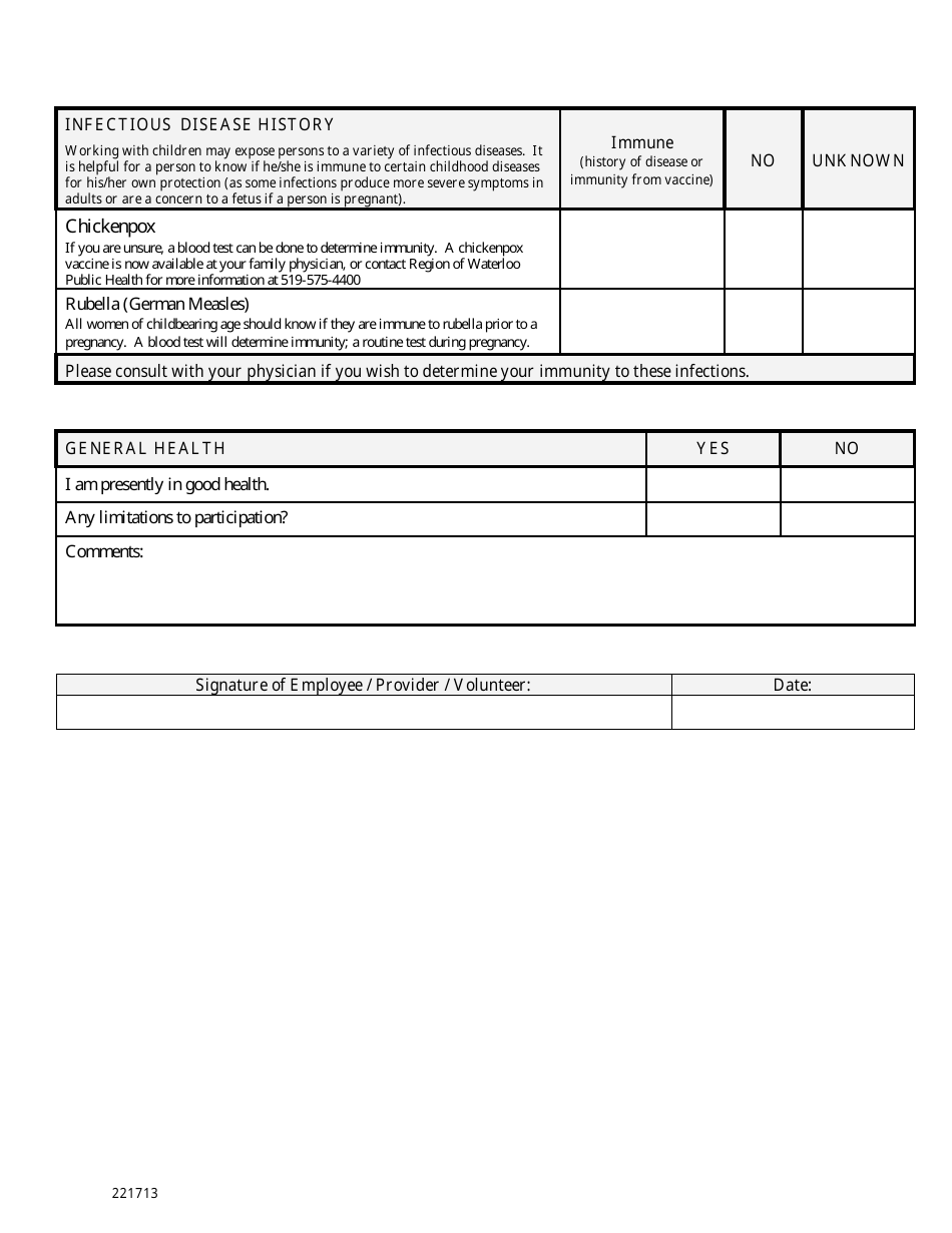 Pre-employment Health Form for Employees / Providers / Volunteers in Child Care Centers - Region of Waterloo, Ontario, Canada, Page 3