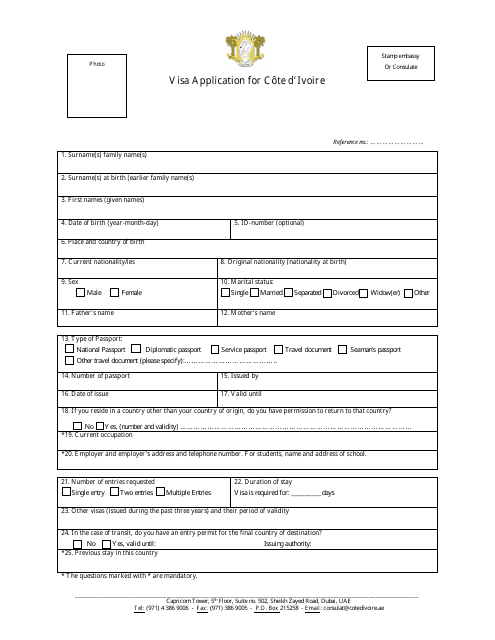 Cote D'ivoire Visa Application Form - Ivorian Consulate General in Dubai - Dubai, United Arab Emirates Download Pdf
