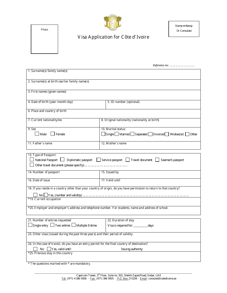 Cote Divoire Visa Application Form - Ivorian Consulate General in Dubai - Dubai, United Arab Emirates, Page 1