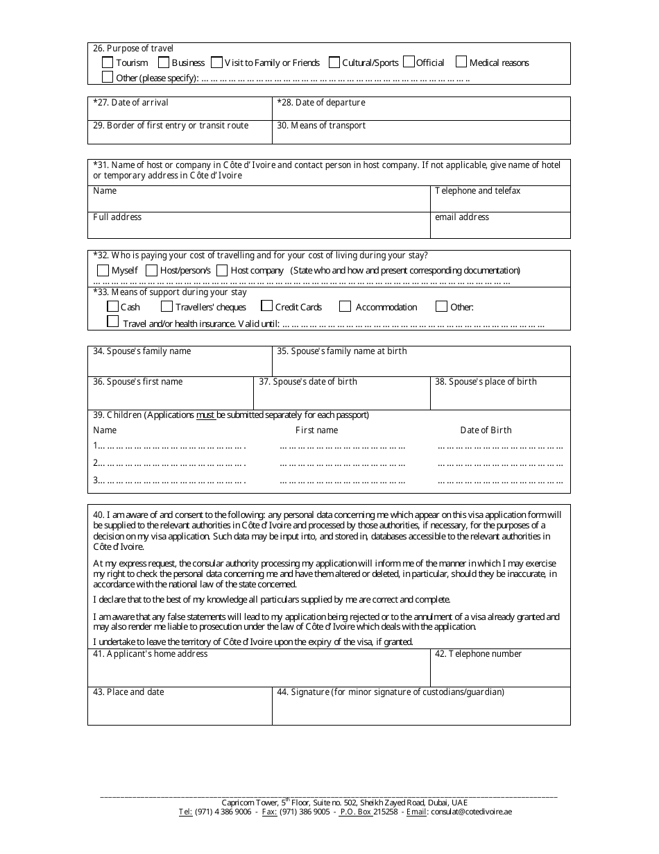 Cote Divoire Visa Application Form - Ivorian Consulate General in Dubai - Dubai, United Arab Emirates, Page 2