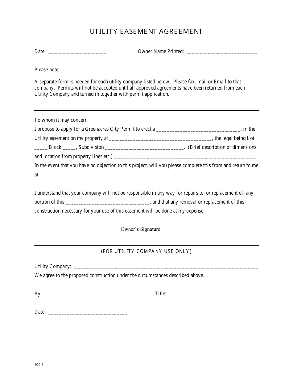 Utility Easement Agreement Form - City of Greenacres, Florida, Page 1