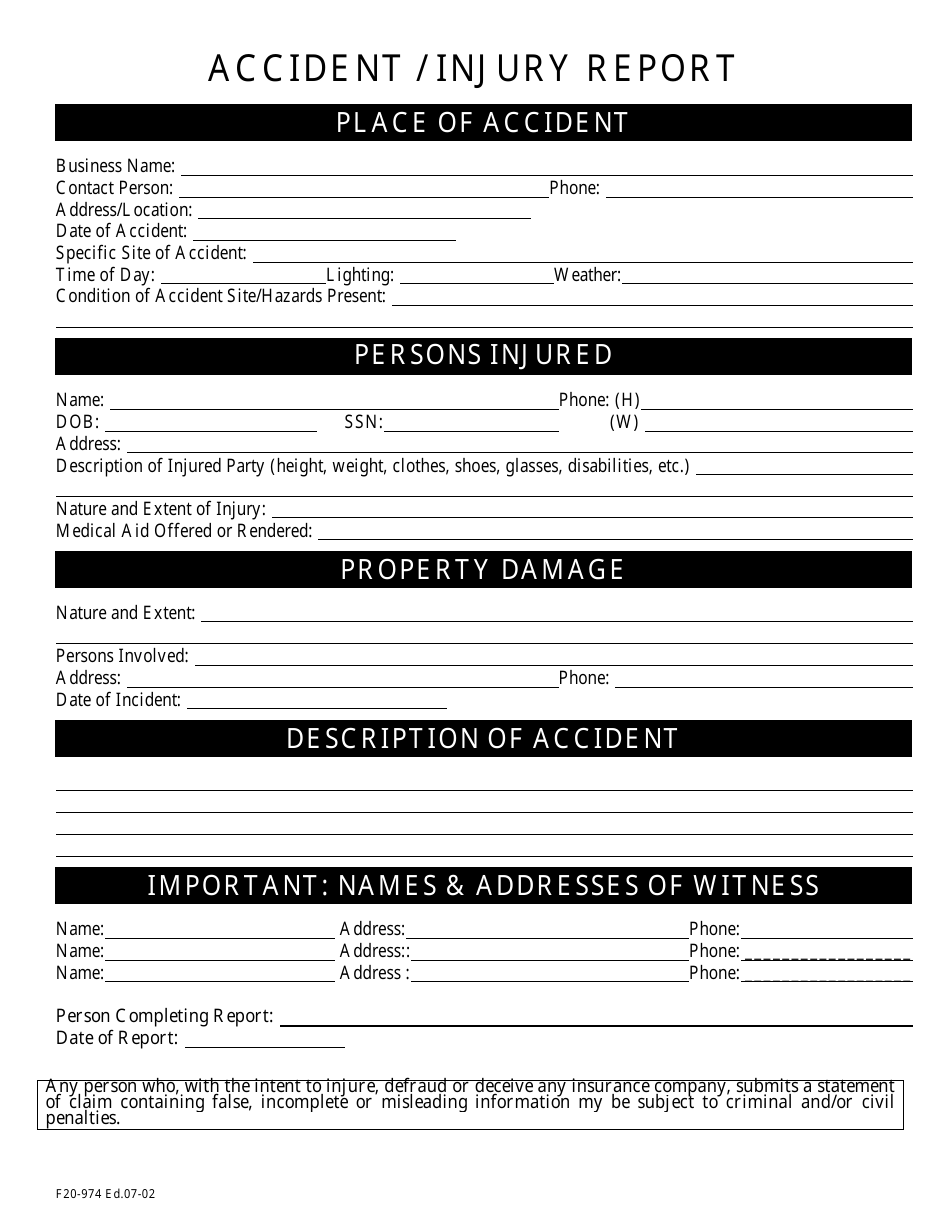 Accident Injury Report Form Black And White Fill Out Sign Online And Download PDF