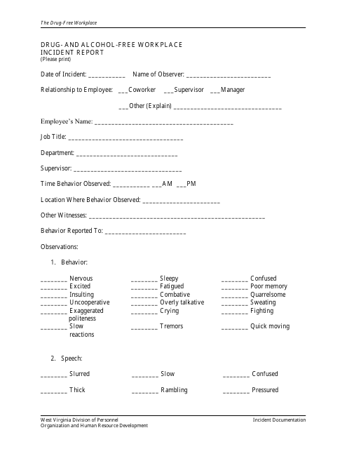 Drug- and Alcohol-Free Workplace Incident Report Form - West Virginia Download Pdf