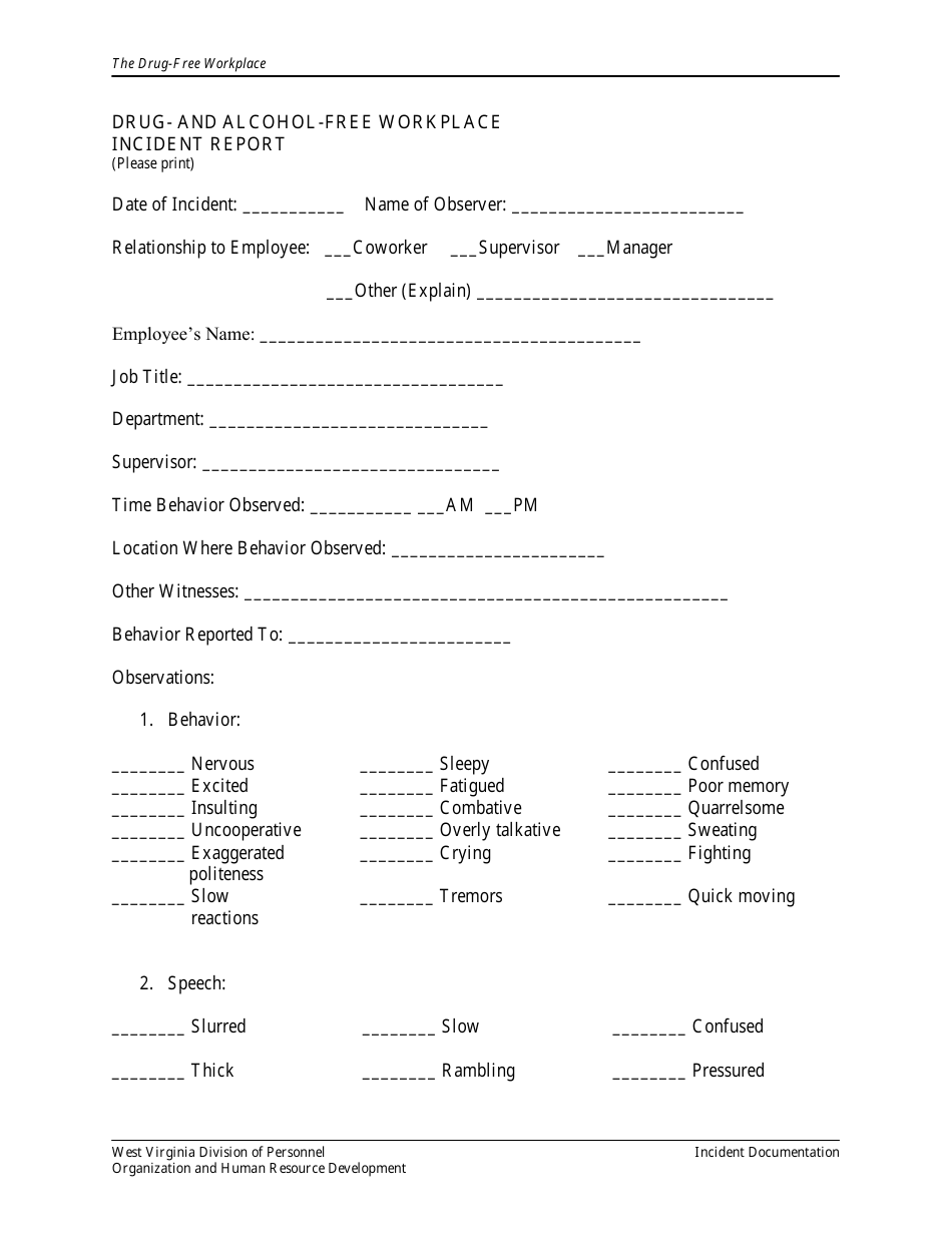 Drug- and Alcohol-Free Workplace Incident Report Form - West Virginia, Page 1