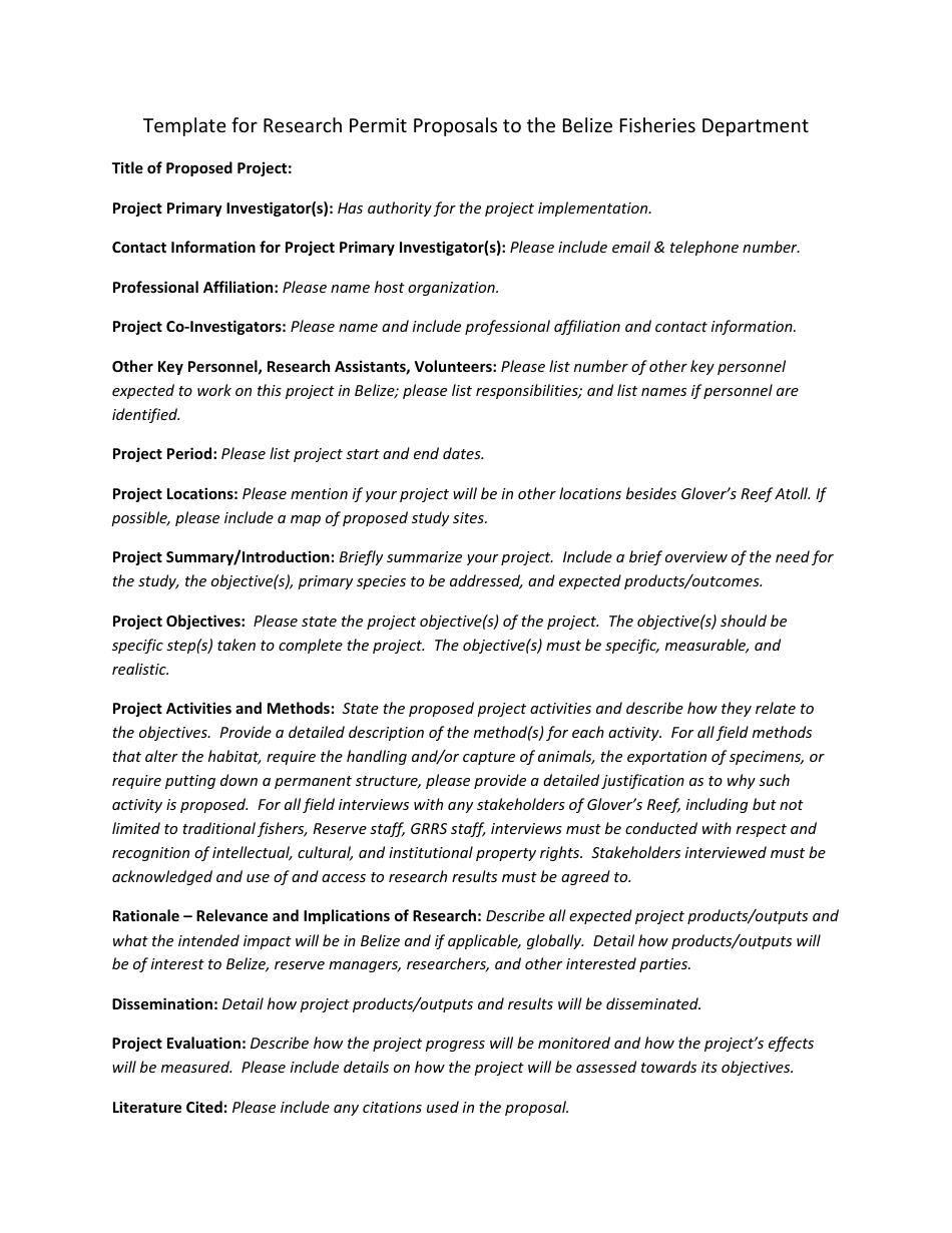 Template for Research Permit Proposals to the Belize Fisheries Department - Belize City, Belize, Page 1