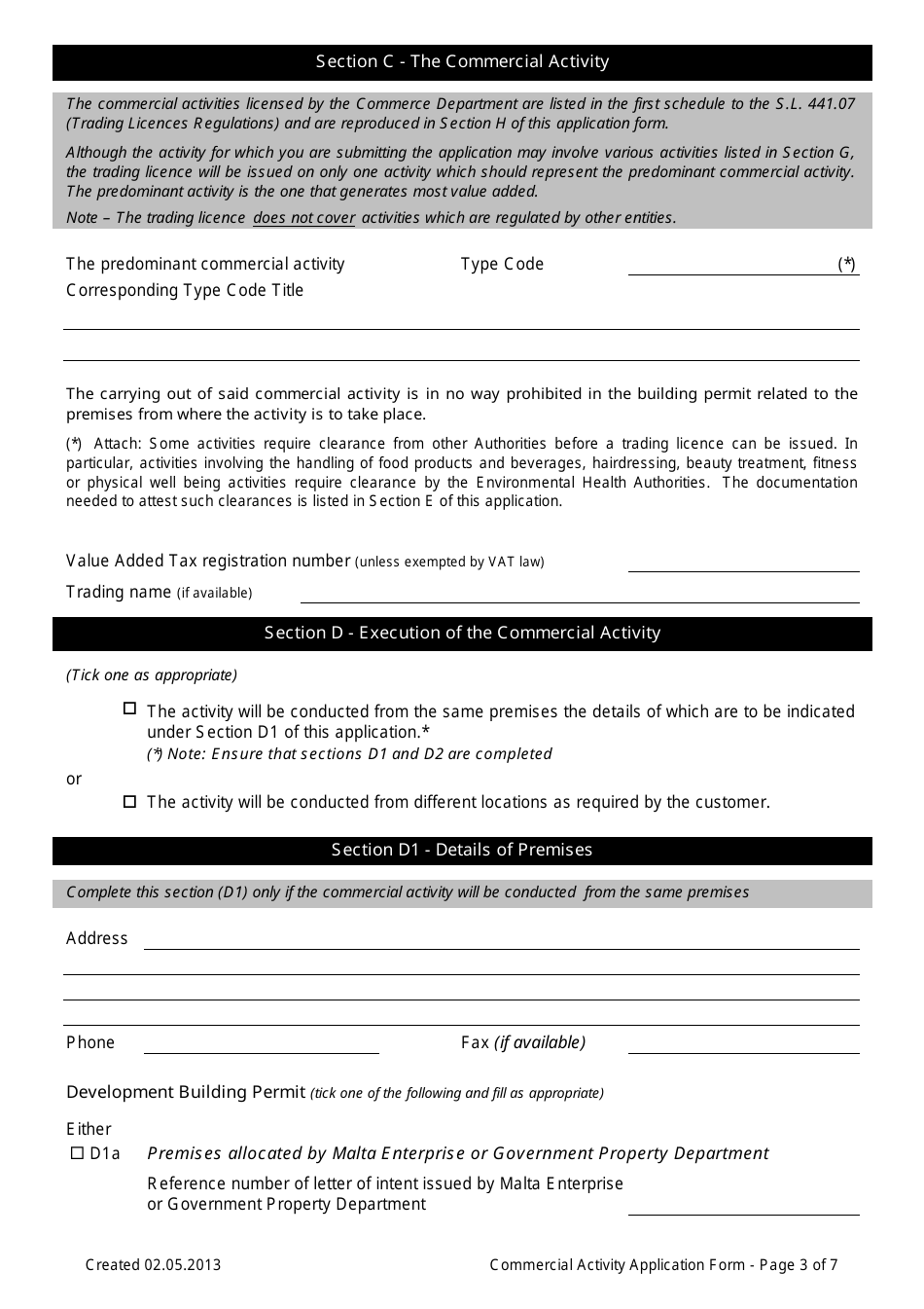 Commercial Activity Application Form - Valletta, Malta, Page 3