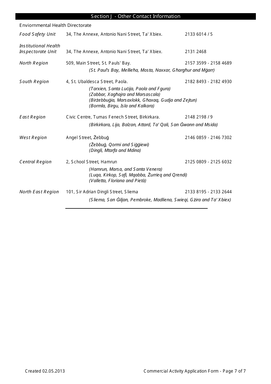 Commercial Activity Application Form - Valletta, Malta, Page 7