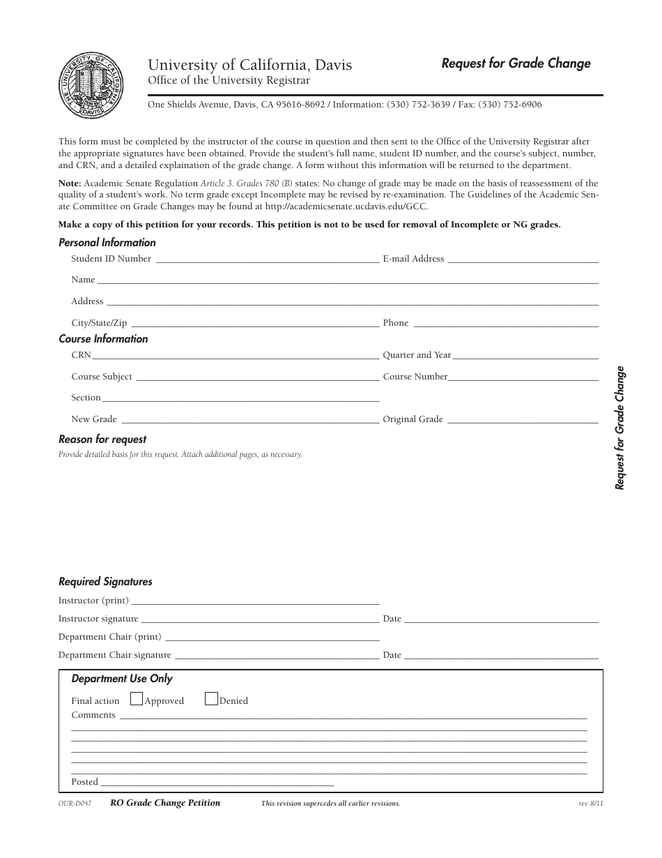 Request for Grade Change Form - University of California - Fill Out ...