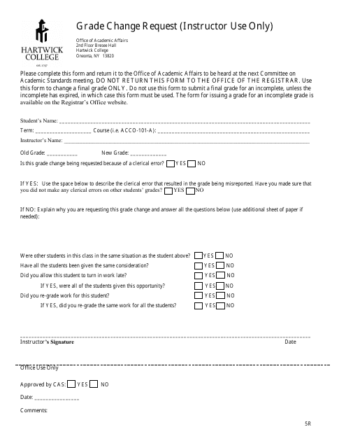 &quot;Grade Change Request Form - Hartwick College&quot; - Oneonta, New York Download Pdf