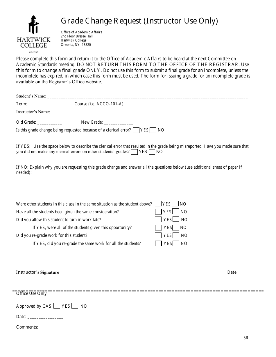 Grade Change Request Form - Hartwick College - Oneonta, New York, Page 1