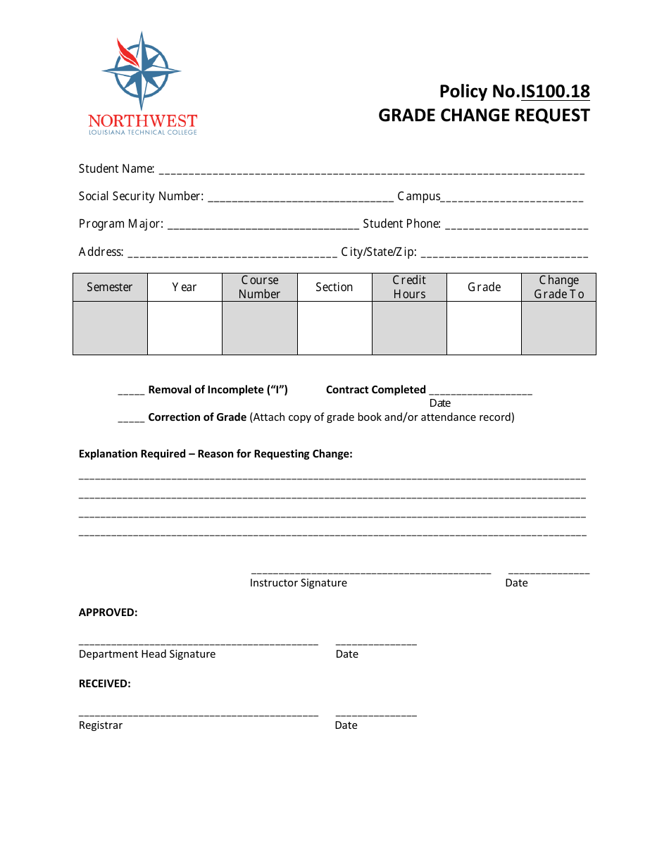 Grade Change Request Form - Northwest Louisiana Technical College, Page 1