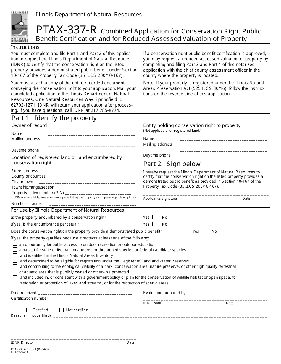 Form PTAX-337-R Combined Application for Conservation Right Public Benefit Certification and for Reduced Assessed Valuation of Property - Illinois, Page 1