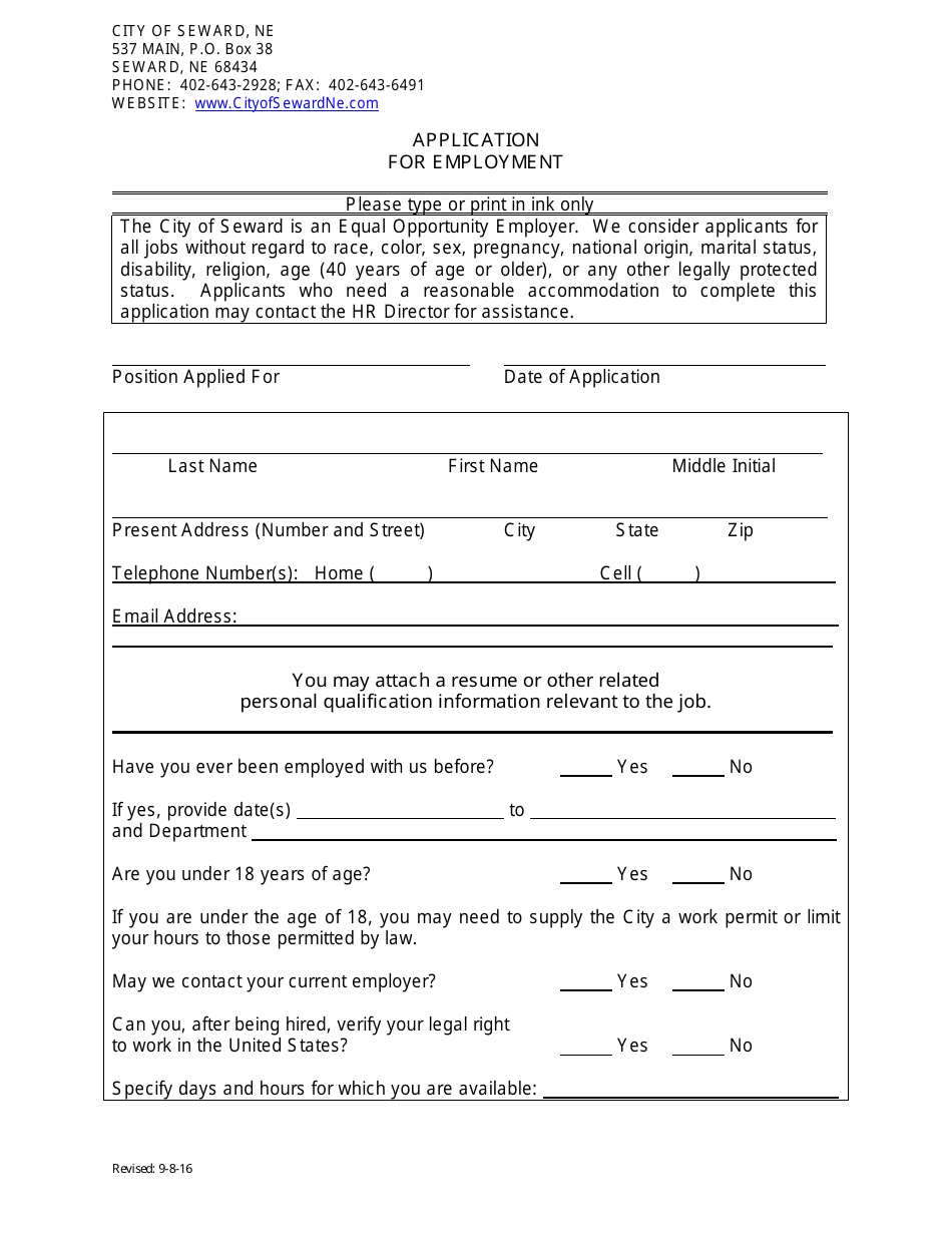 City of Seward, Nebraska Governmental Employment Application Form