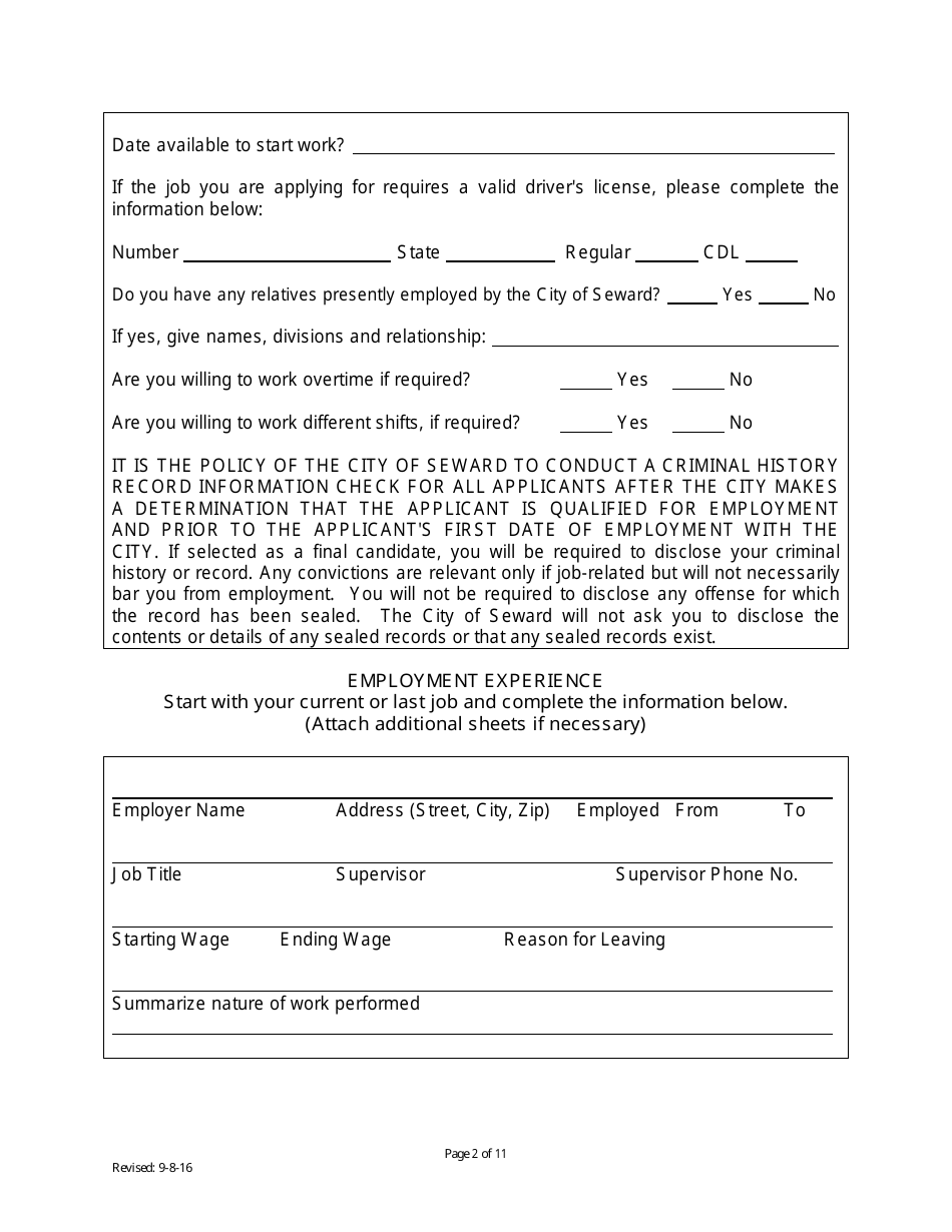 City of Seward, Nebraska Governmental Employment Application Form ...