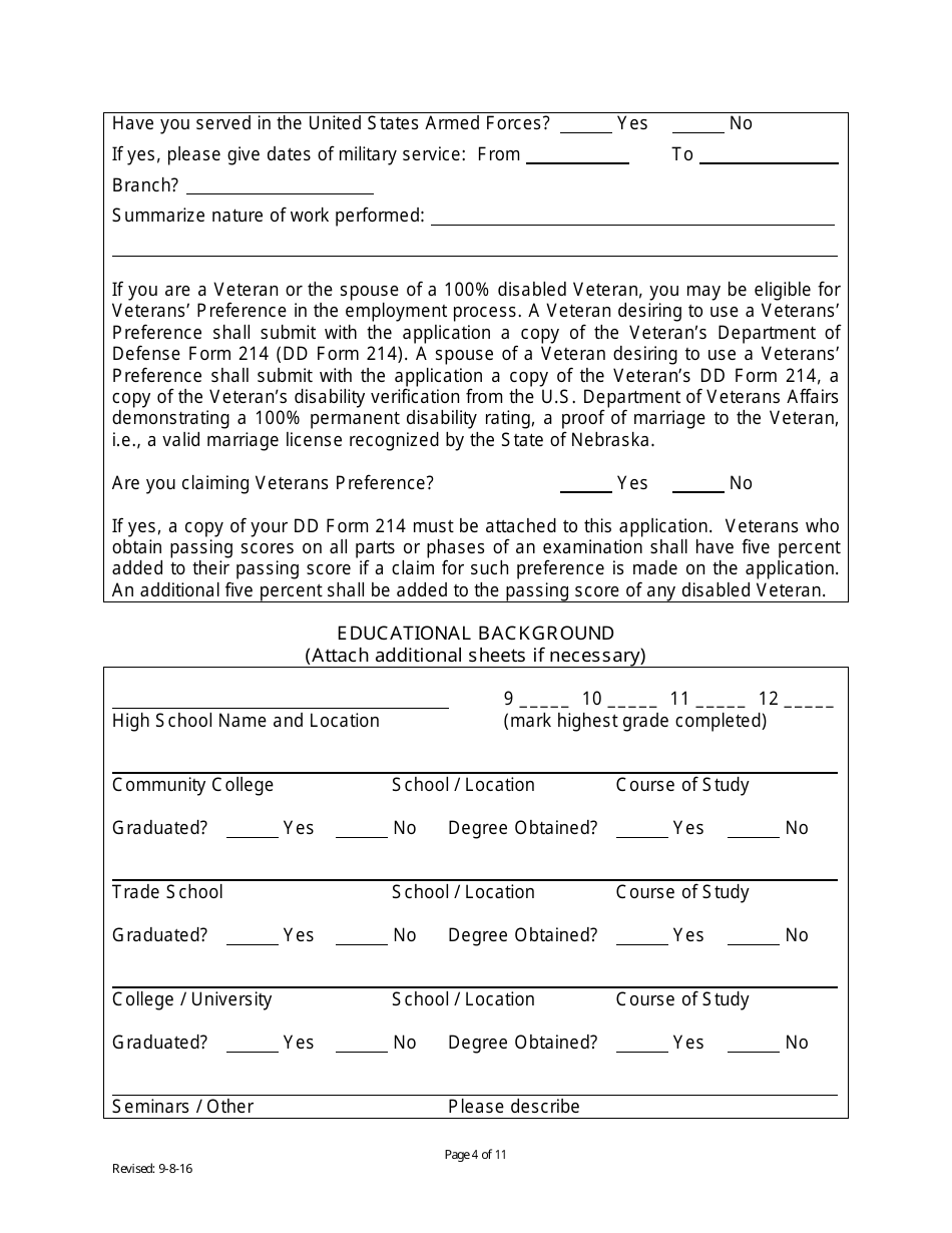 Governmental Employment Application Form - City of Seward, Nebraska, Page 4