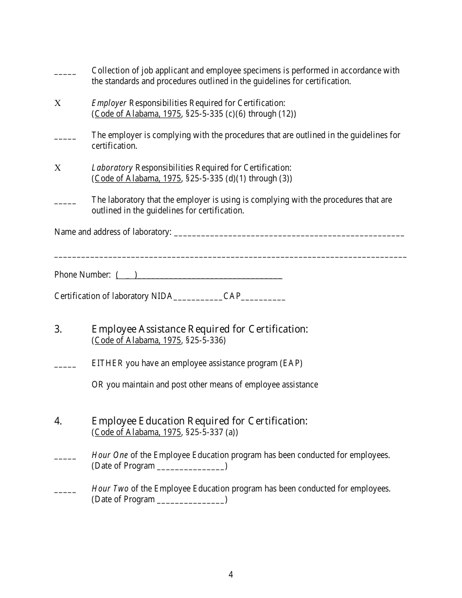 Application for Certification of Drug-Free Workplace Premium Credit Program - Alabama, Page 4