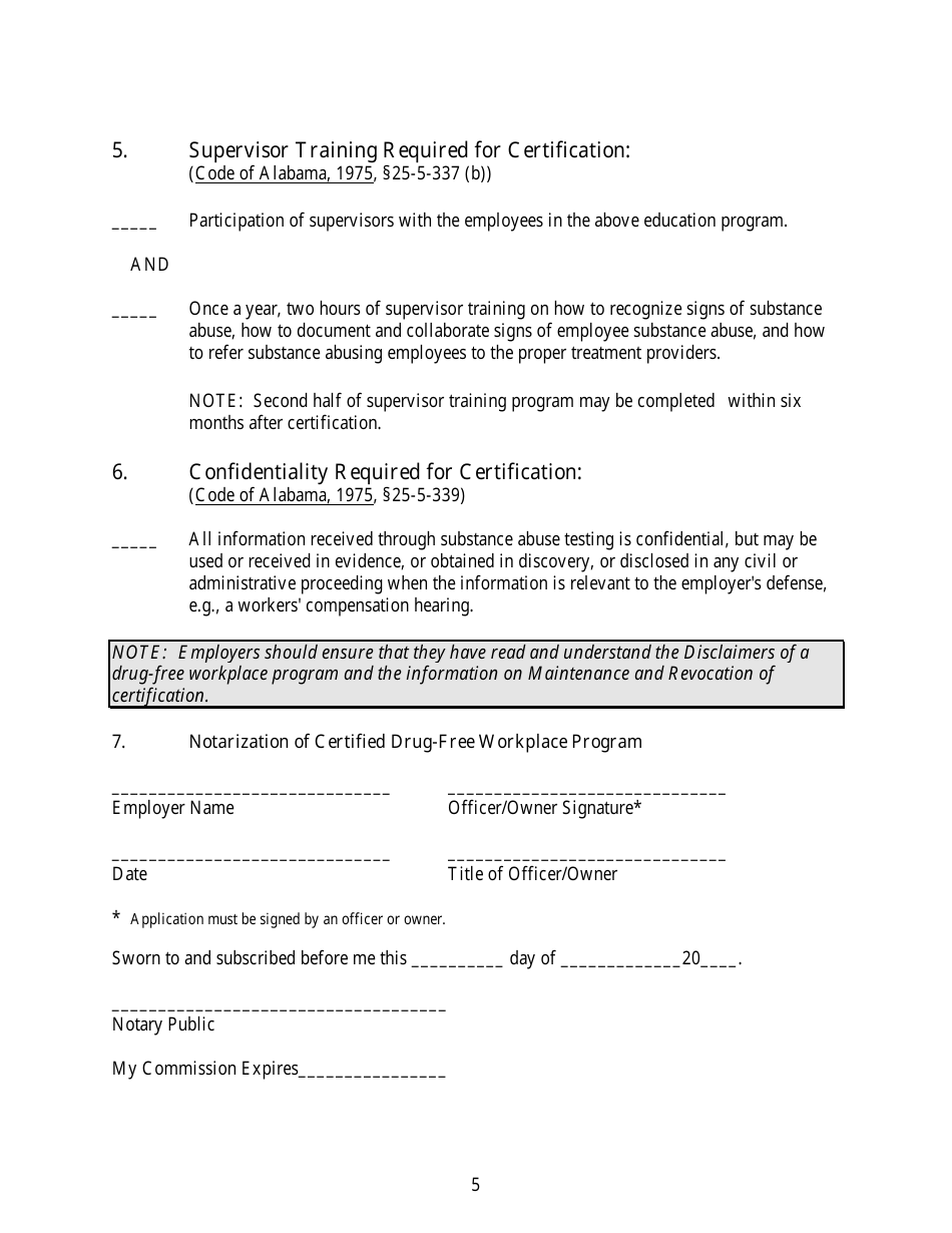Application for Certification of Drug-Free Workplace Premium Credit Program - Alabama, Page 5