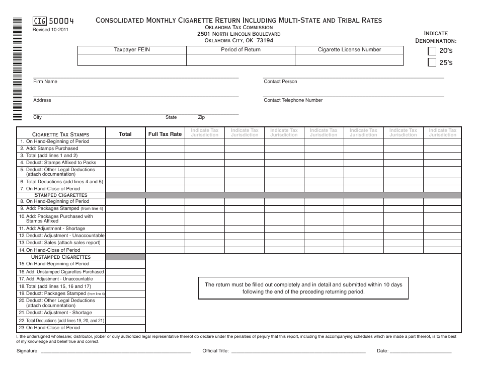 OTC Form CIG50004 Consolidated Monthly Cigarette Return Including Multi-State and Tribal Rates - Oklahoma, Page 1