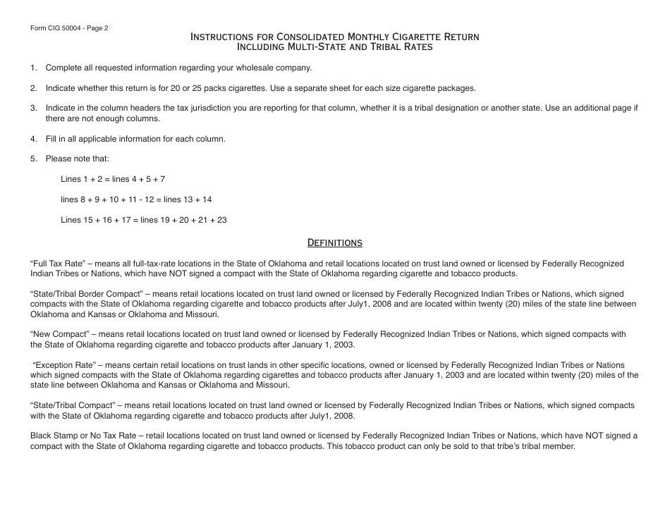 OTC Form CIG50004 Consolidated Monthly Cigarette Return Including Multi-State and Tribal Rates - Oklahoma, Page 2