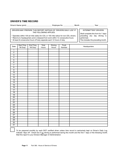 Driver's Time Record - New York Download Pdf