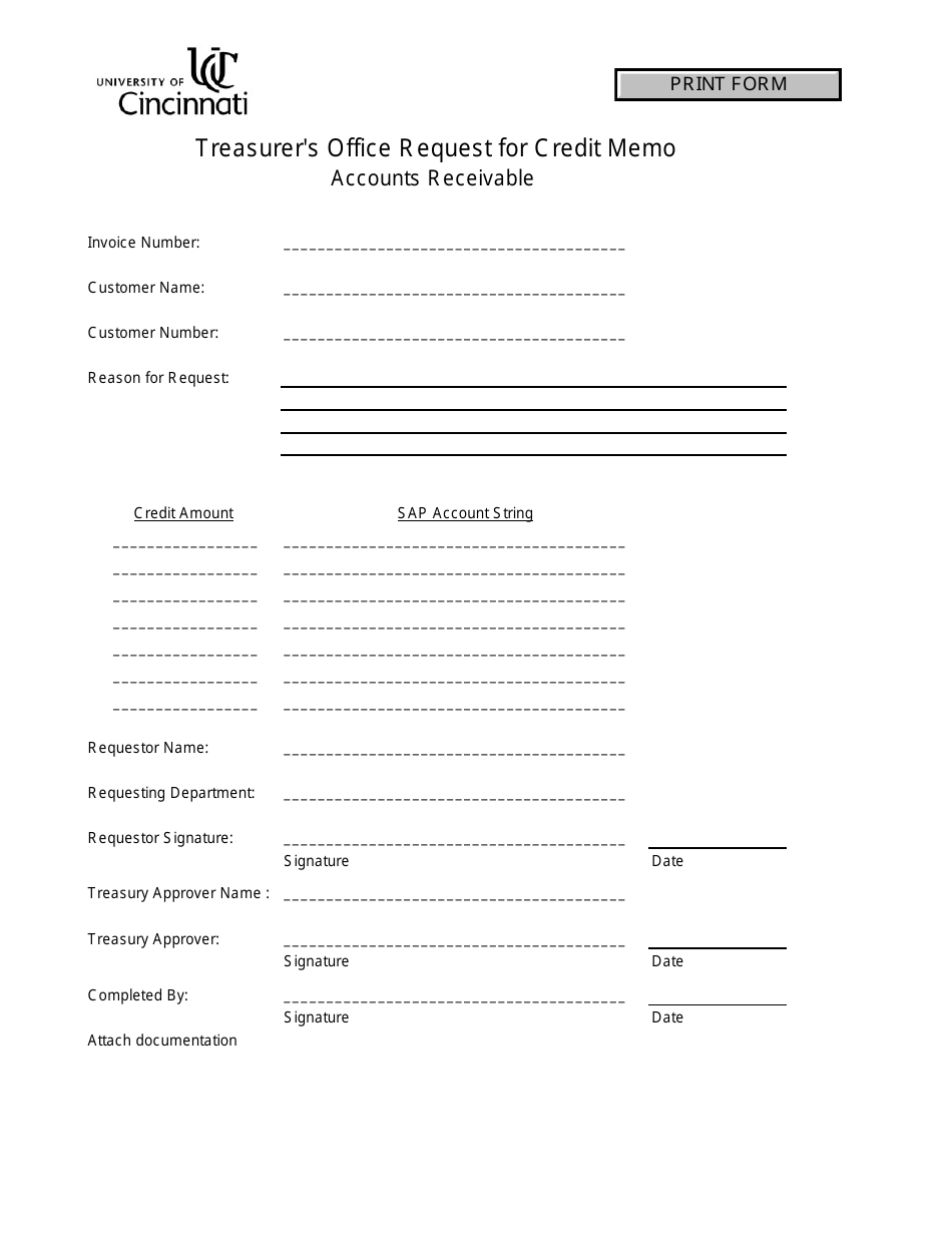 Treasurers Office Request Form for Credit Memo - University of Cincinnati, Page 1