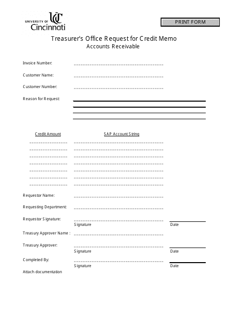 &quot;Treasurer's Office Request Form for Credit Memo - University of Cincinnati&quot; Download Pdf