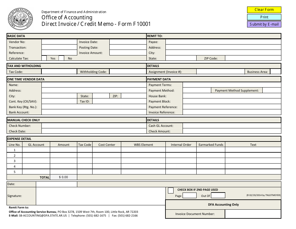Form F-10001 Direct Invoice / Credit Memo - Arkansas, Page 1