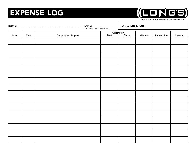 &quot;Expense Log Template - Long's&quot; Download Pdf