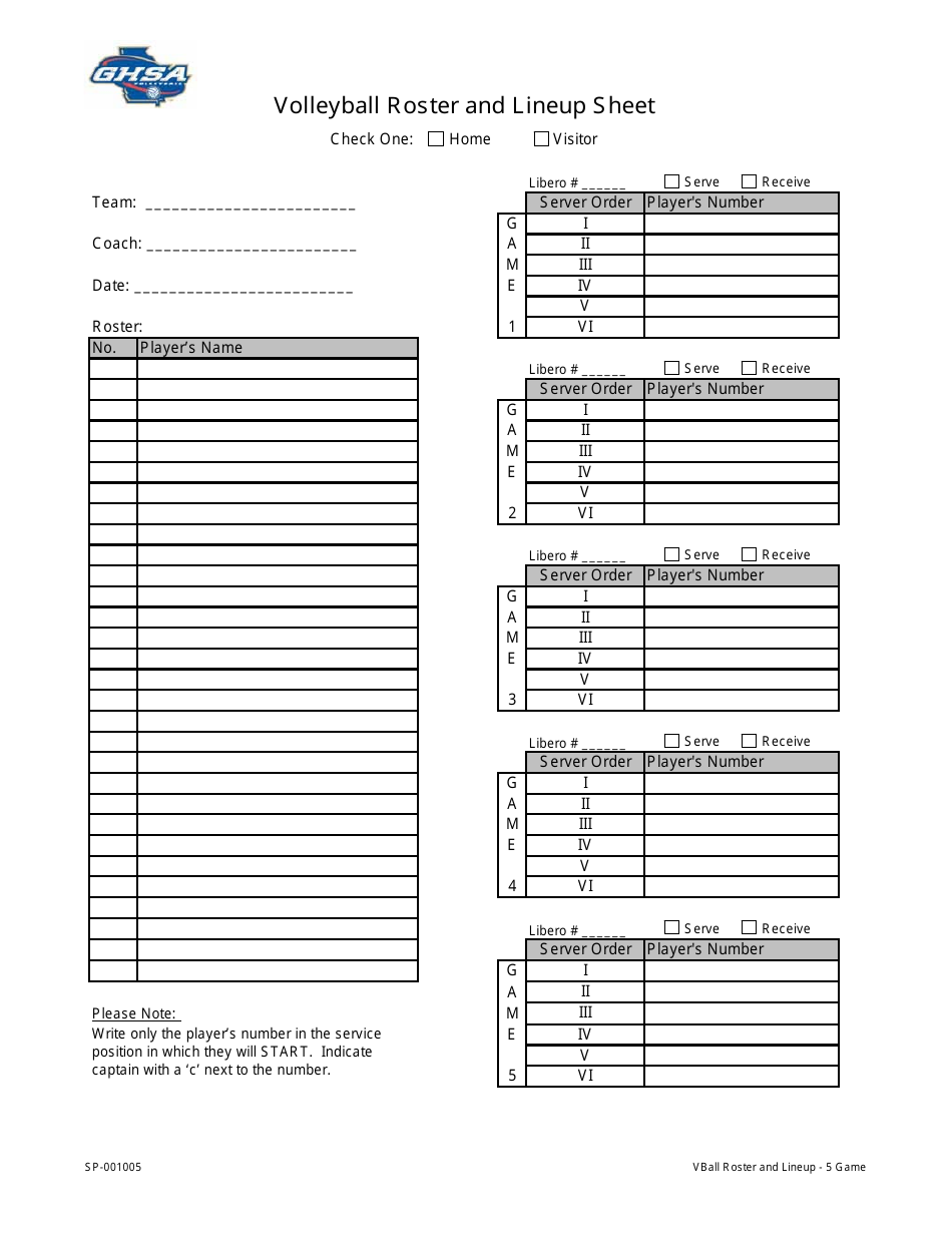 Volleyball Roster and Lineup Sheet Template Ghsa Download Printable