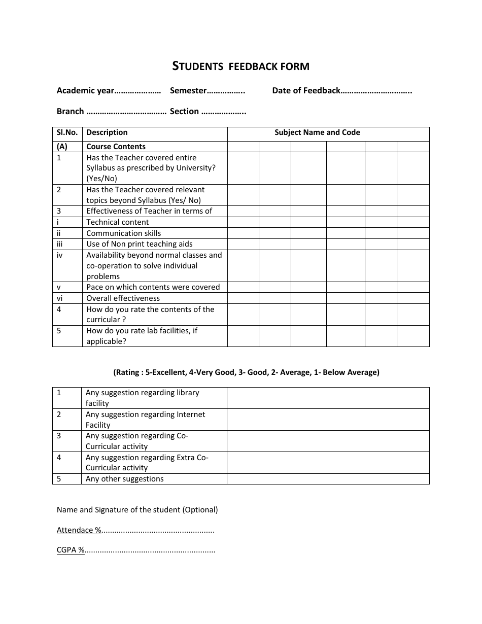 Students Feedback Form Fill Out Sign Online and Download PDF