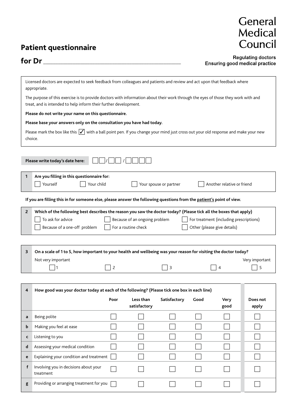 Patient Questionnaire by General Medical Council UK