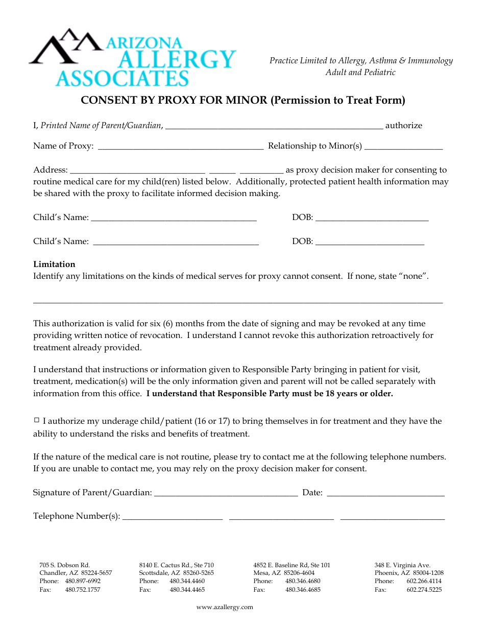 Consent by Proxy for Minor (Permission to Treat Form) - Arizona Allergy Associates, Page 1