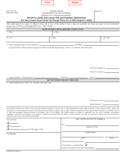 Form 3200-24A Offer to Lease and Lease for Geothermal Resources