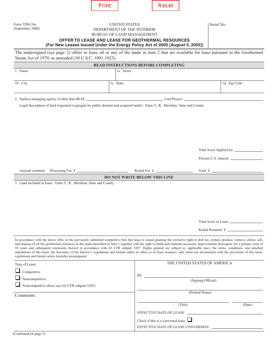 Form 3200-24A Offer to Lease and Lease for Geothermal Resources, Page 1